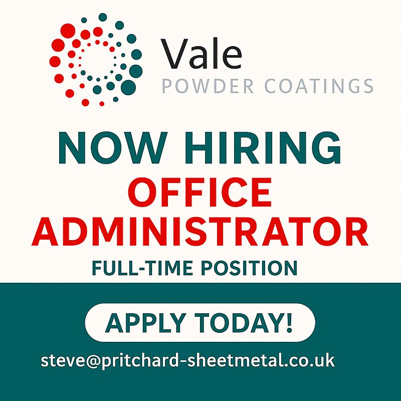Vale Powder Coatings poster: now hiring an office administrator, full-time position