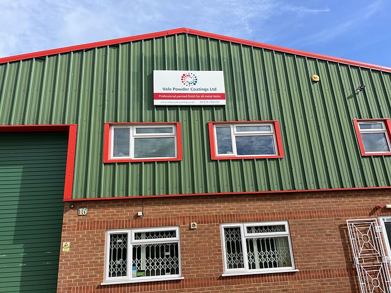 The Vale Powder Coatings unit at White Horse Business Park, with the company sign above the first floor windows